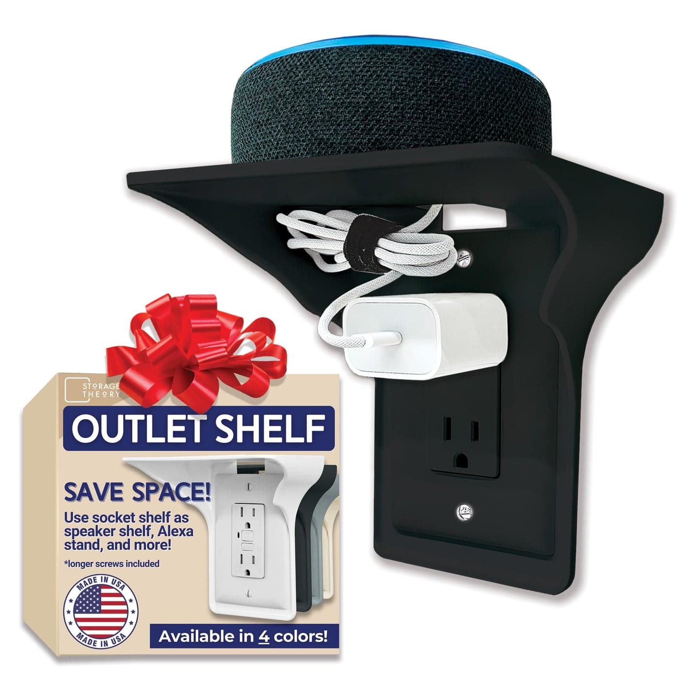 BeraTek Industries Storage Theory Power Perch Outlet Shelf Wall Outlet Bathroom Shelving for Electric Toothbrush Alexa Stand Holds Smart Speaker Cell Phone Easy Installation 1Pack Black