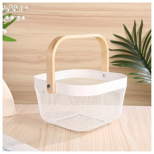 AJIODA Metal Mesh Wire Basket, Mini Steel Basket with Wooden Handle Storage Organizer Basket Multi-functional Hanging Kitchen Baskets Fruit Baskets for Kitchen Bathroom Cabinet Pantry Snacks, White