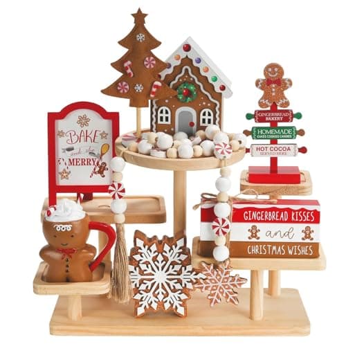 Gingerbread Christmas Decorations 8 PCS Tiered Tray Decor Set Cute Tabletop Christmas Decor for Home Shelf Mantel Coffee Bar Office Xmas Table Centerpieces Tray Objects Holiday Baking