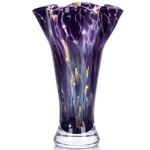 9.8" Tall Purple Hand Blown Glass Vases for Home Decor,Modern Wide Mouth Ruffle Flower Vase Table Centerpieces,Colored Coastal Sea Glass Art for Bookshelf,Bathroom,Counterto,Wedding