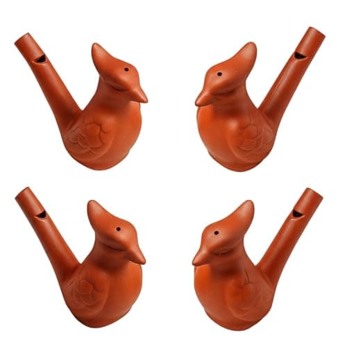 Neotea Handmade Mud Clay Bird Water Whistle Toy for Kids | Terracotta Animal Figurine Musical Toy | Fill with Water & Blow for Different Sounds | Pack of 4