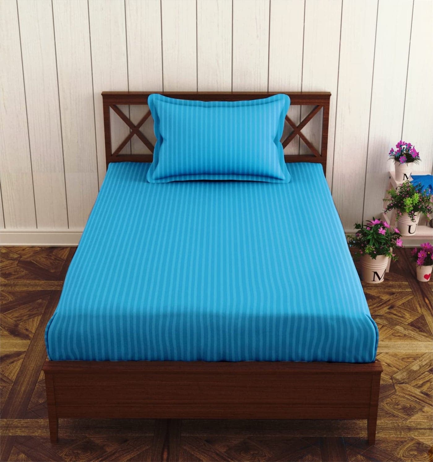Trance Home Linen 100% Cotton 72X36 Inch Single Fitted 200TC Satin Stripe Elastic Fitted Bedsheet|Single Bed Size Daily Use Fitted Bedspread With 1 Pillow Covers(72"X36"|6X3 Feet ,Aqua Turquoise Blue)