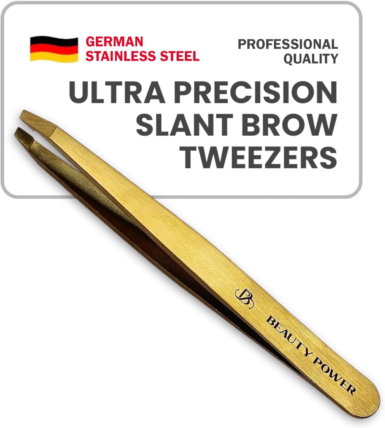 Professional Tweezers Slant Durable Lightweight German Stainless Steel Ultra Precision Tweezers for Eyebrows Facial Hair Chin and Ingrown Hair Removal Gift Matte Gold