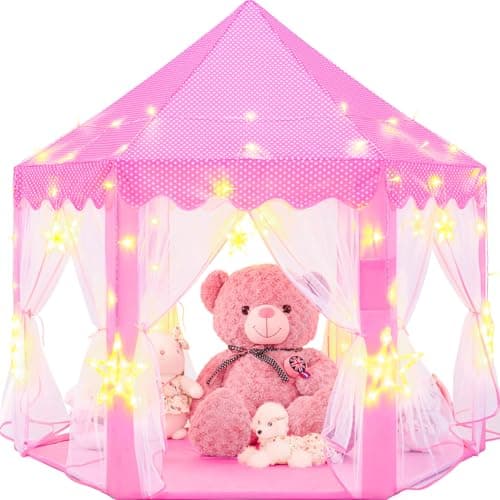 EVOIONOS Princess Tent for Girls Castle Tent for Girls Princess Castle Play Tent with Large Star Lights Kids Tent Indoor Playhouse Pink Girls Tent 55 x 53 inches