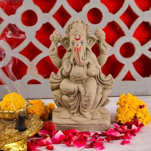 SAUDEEP INDIA 6 Inch Mitti Ganesh Idol | Eco-Friendly Handcrafted Mud/Clay Ganesh Murti | Ganpati Figurine for Visarjan | Biodegradable Lotus Ganesha Statue | Ganesh Chaturthi (Lotus Design)