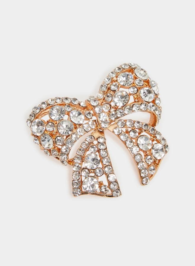 Gold Bow Brooch with Crystals
