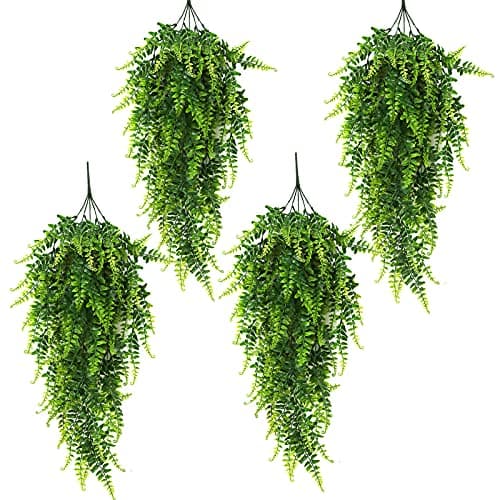 RECUTMS Hanging Artificial Plants 4Pcs UV Resistant Fake Boston Fern Realistic Faux Greenery Plastic Ivy Vines for Wall Home Room Garden Wedding Party Garland Outside DecorationGreen
