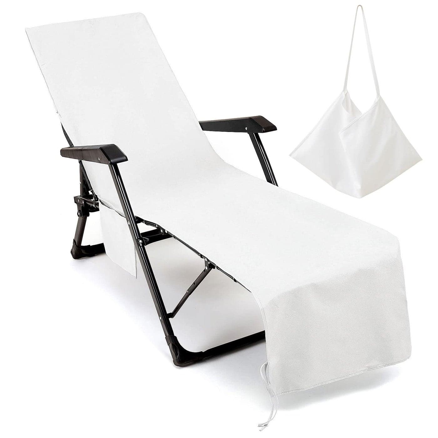 VOCOOL Beach Chair Cover Chaise Lounge Chair Towel Cover with Side Pockets Lounge Chair Mate for Swimming Pool Sun Lounger Hotel Vacation White
