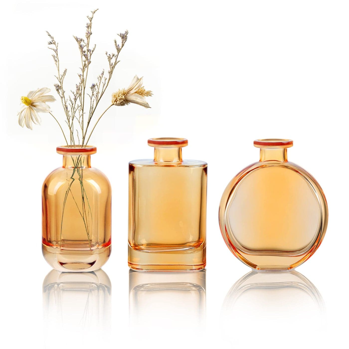 Joeyan Amber Glass Bud Vase Set of 3 Decorative Rustic Flower Vase Small Bottle Vase Centerpieces for Wedding Home Office Table Dcor