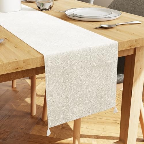 Encasa XO 4 Seater Dining Embossed Velvet Table Runner | Size 32x150 cm | Cream Color with Premium Polyester - Machine Washable