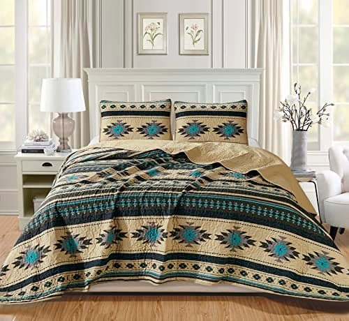 Chezmoi Collection 2-Piece Southwestern Geometric Tribal Quilt Set - Multicolor Teal Beige Black Gray Lightweight Quilted Bedspread Set, Twin (70" x 90")