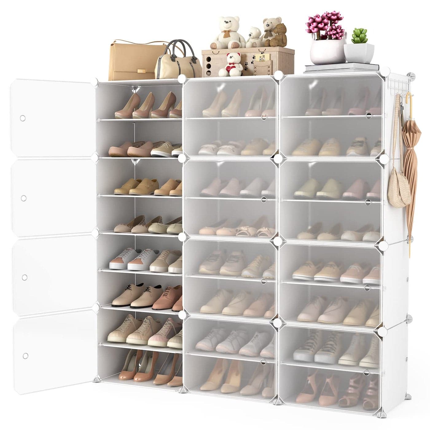 WEXCISE Portable Shoe Rack Organizer with Door 48 Pairs Storage Cabinet Easy Assembly Plastic Adjustable Stackable Detachable Free Standing DIY Expandable 8 Tier White NNFXJ012