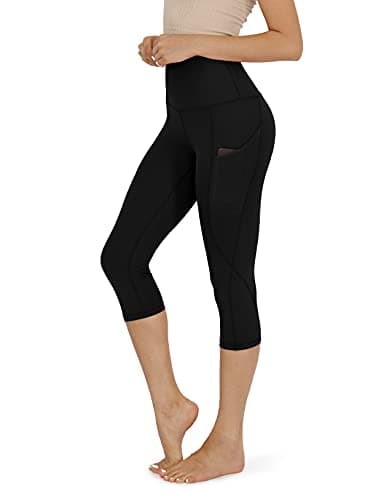 ODODOS Women's High Waisted Yoga Capris with Pockets,Tummy Control Non See Through Workout Sports Running Capri Leggings, Black,Small