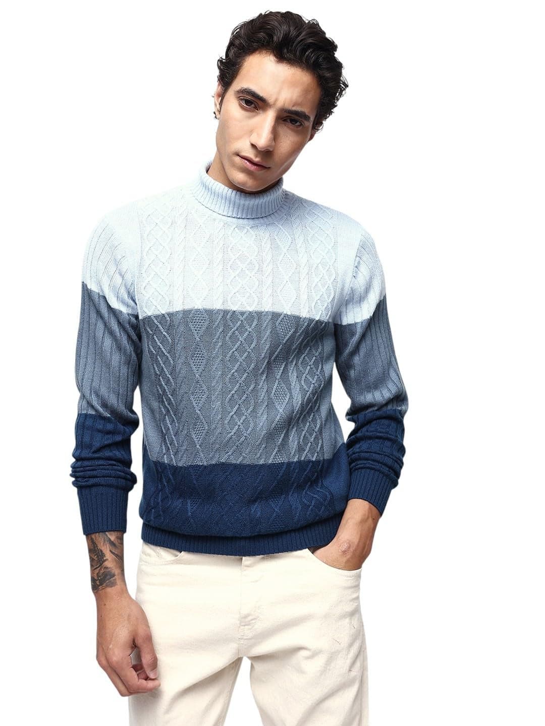 Dennis Lingo Men's Cable Knit Colourblocked Turtle Neck Pullover Sweater Light Blue