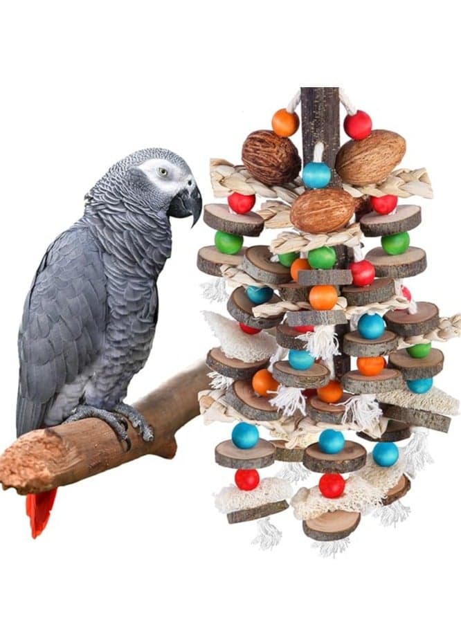 Large Parrot Toys Bird Chewing Toys-Natural Nuts Corn Loofah Wooden Bird Cage Toy for African Grey,Macaws,Conure,Cokatoos,Cockatiel, Parrots and Other Medium and Small Birds