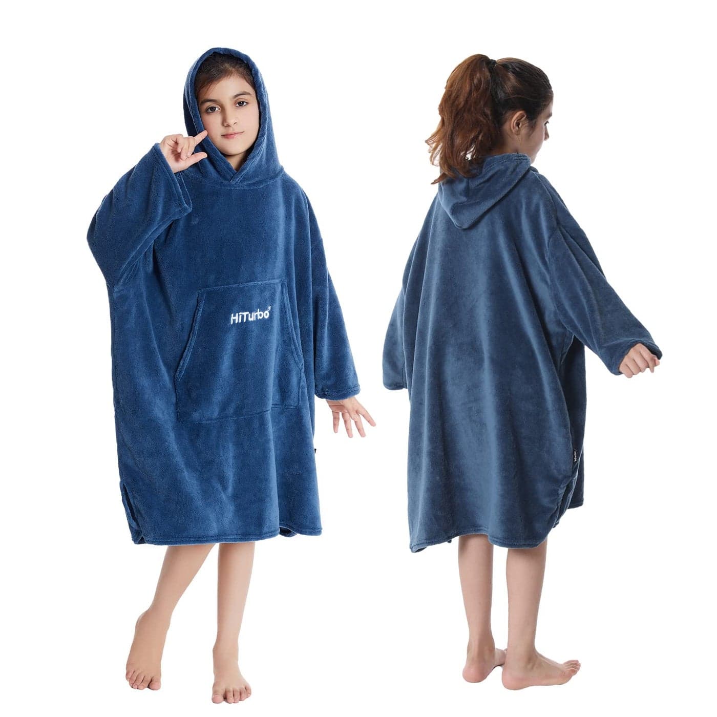 Hiturbo Kids Towel Changing Robe Soft Plush Wearable Blanket Warm Coral Fleece Hoodie Swim Surf Poncho for 512 Years Navy