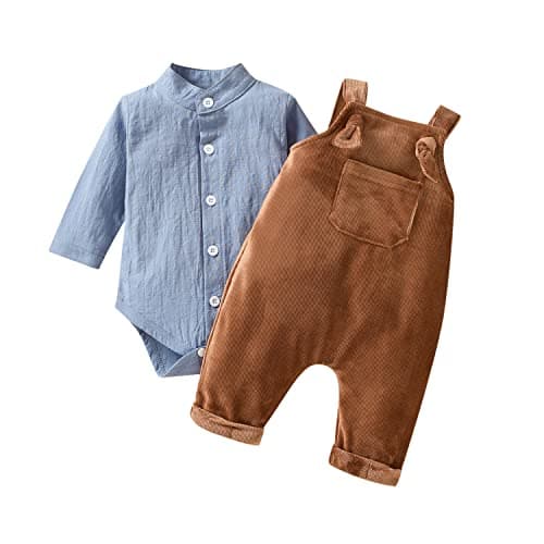Unutiylo Baby Boys Overalls Linen Clothes 2PCS Set Infant Toddler Gentleman Outfits Set Baby Light Blue Bodysuit Romper Top and Ribbed Suspender Pants Brown2-3T