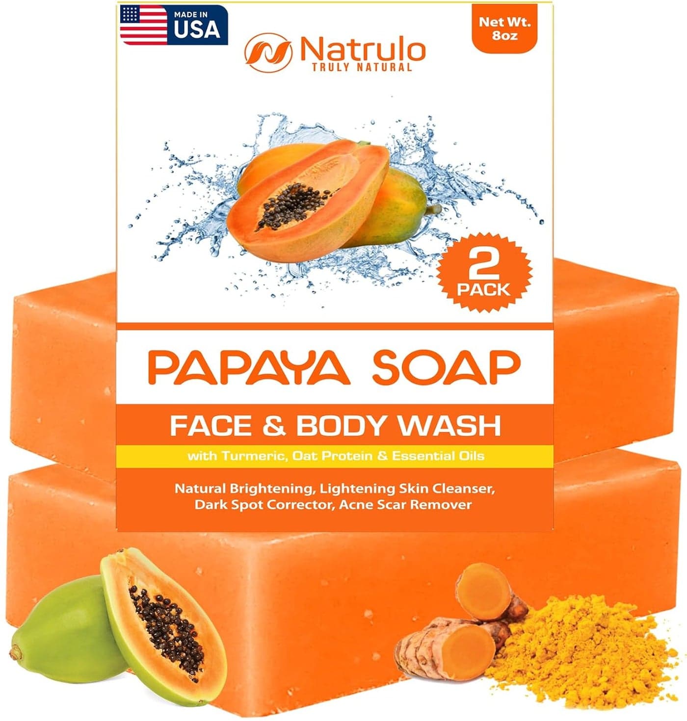Papaya Soap Face Body Wash Skin Brightening Papaya Soap Bar for Dark Spots Reduce Acne Cleanse Scars Even Skin Tone with Turmeric Kojic Acid Essential Oils for All Skin Types 2 pack