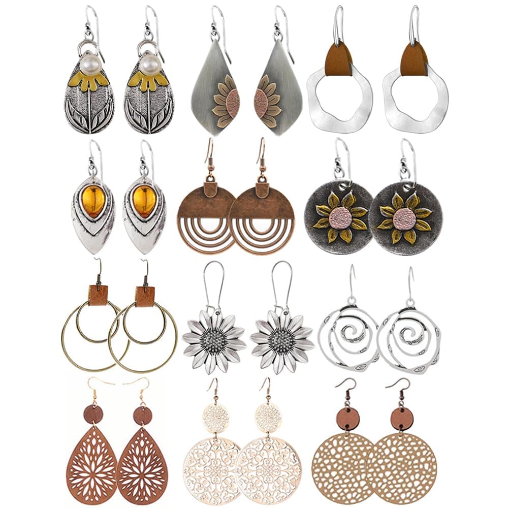 12 Pairs Boho Vintage Geometric Round Earrings Wooden Leather Earrings Ethnic Style Vintage Sunflower Earrings Christmas Earrings for Women