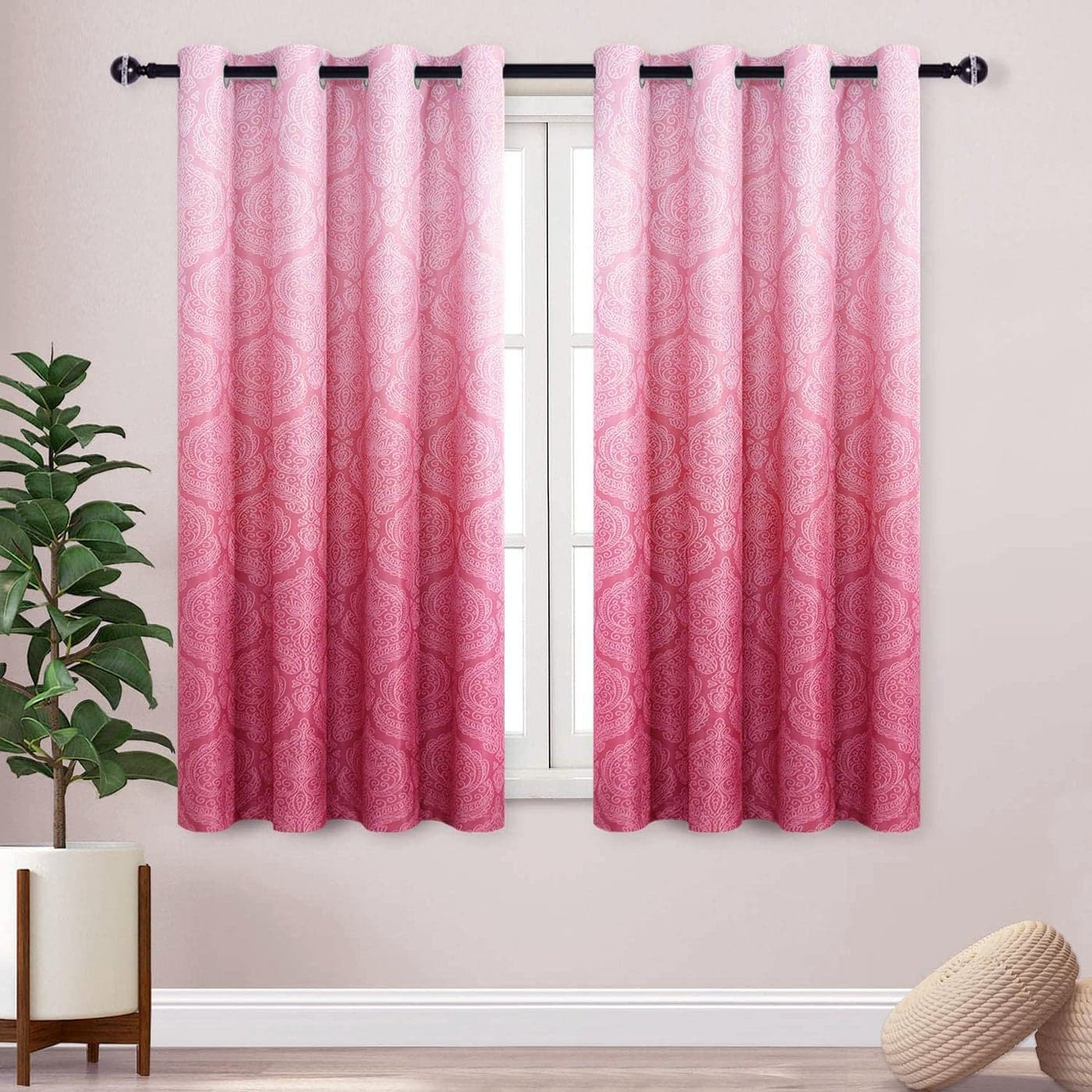 DWCN Ombre Blackout Curtains for Bedroom Damask Patterned Thermal Insulated Energy Saving Grommet Curtains for Living Room Set of 2 Gradient Window Curtain Panels 52 x 84 Inches Long Pink