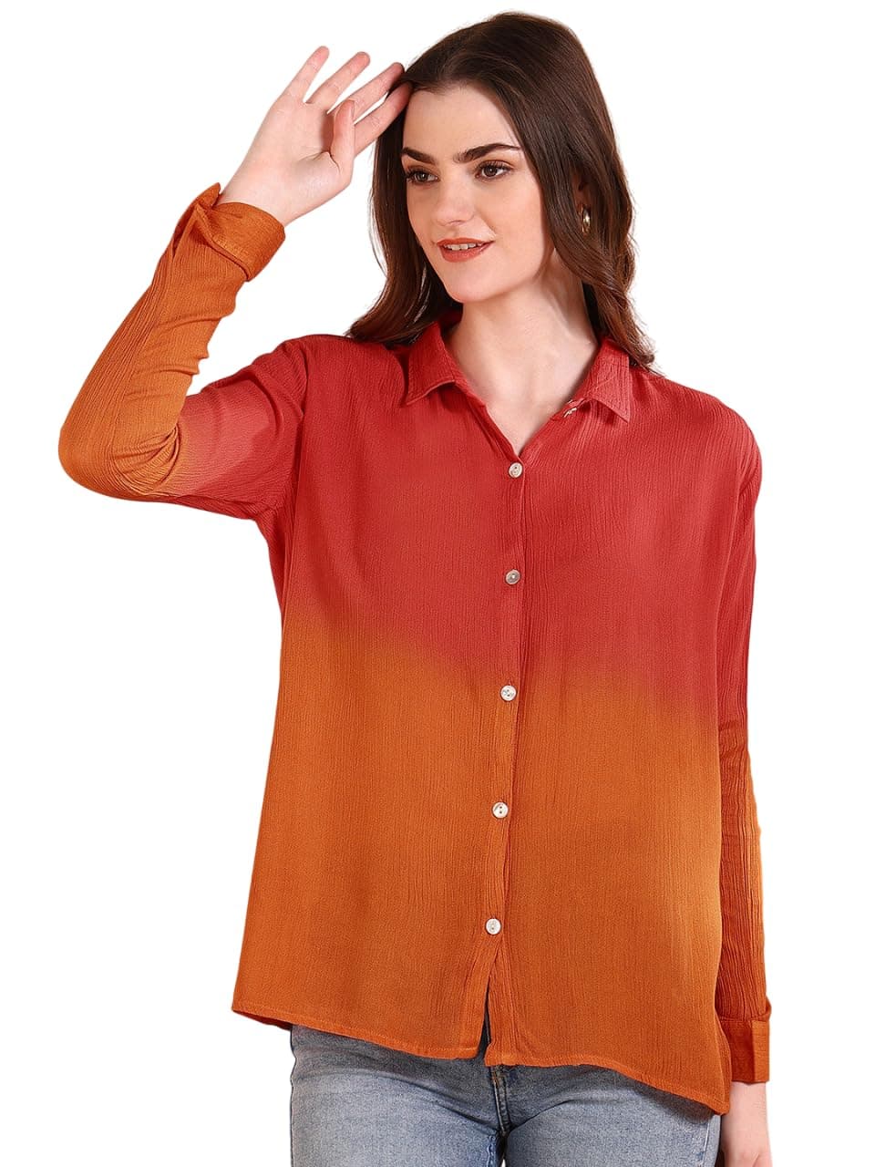Maaesa Women Handmade Ombre Tie & Dye Red & Orange Rayon Shirt | Lightweight Breathable | Loose Fit | Long Sleeve Button-Down | Classic Collar | Casual & Office Wear