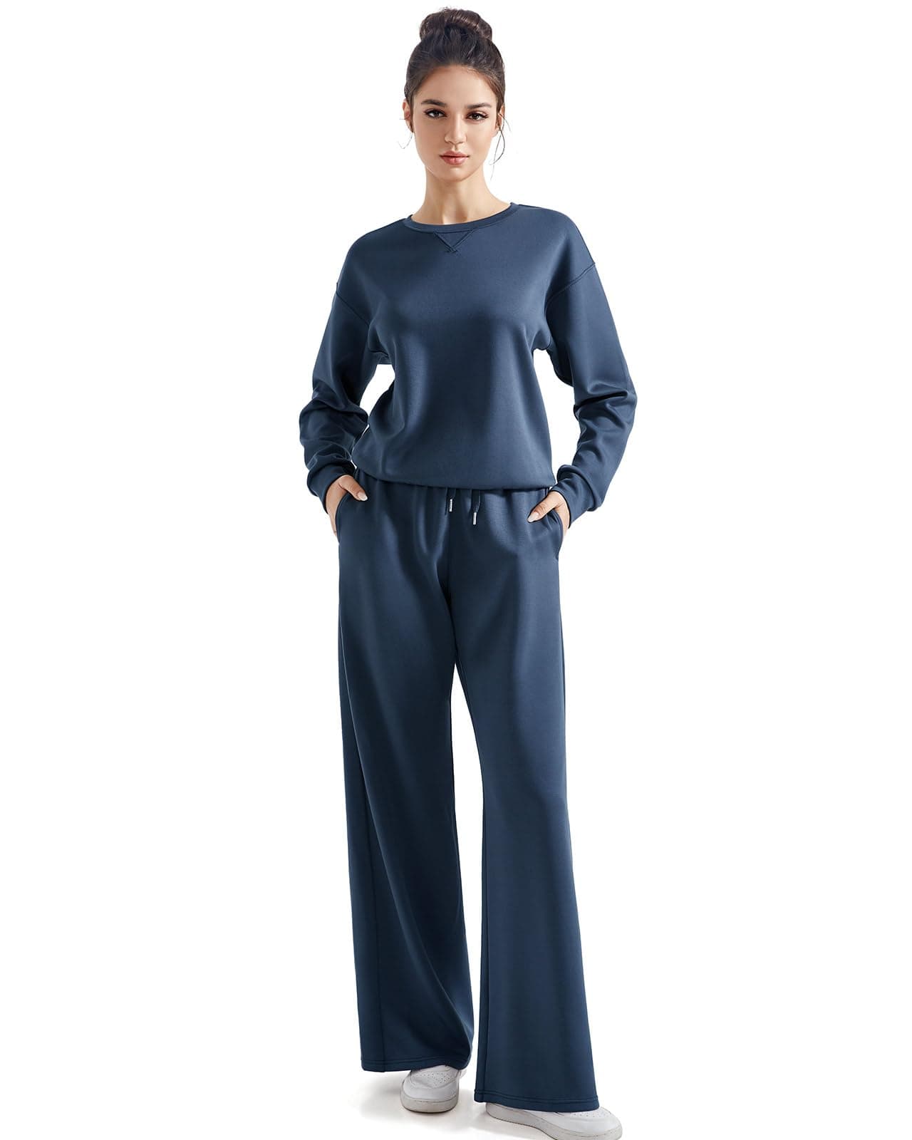 SUUKSESS Women Modal 2 piece outfits Oversized Sweatshirt Fall Lounge Set Wide Leg Pants Matching Sets (Navy Blue,S)
