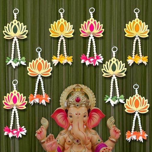 Rajasthan Kraft Handmade Pack of 8 Multicolor Lotus Door Hanging with Pearl & Gajra Traditional Wall & Entrance Decor for Makar Sankranti, Lohri & Wedding Festive Home Decoration 8 Inch (RK-H-210-8)