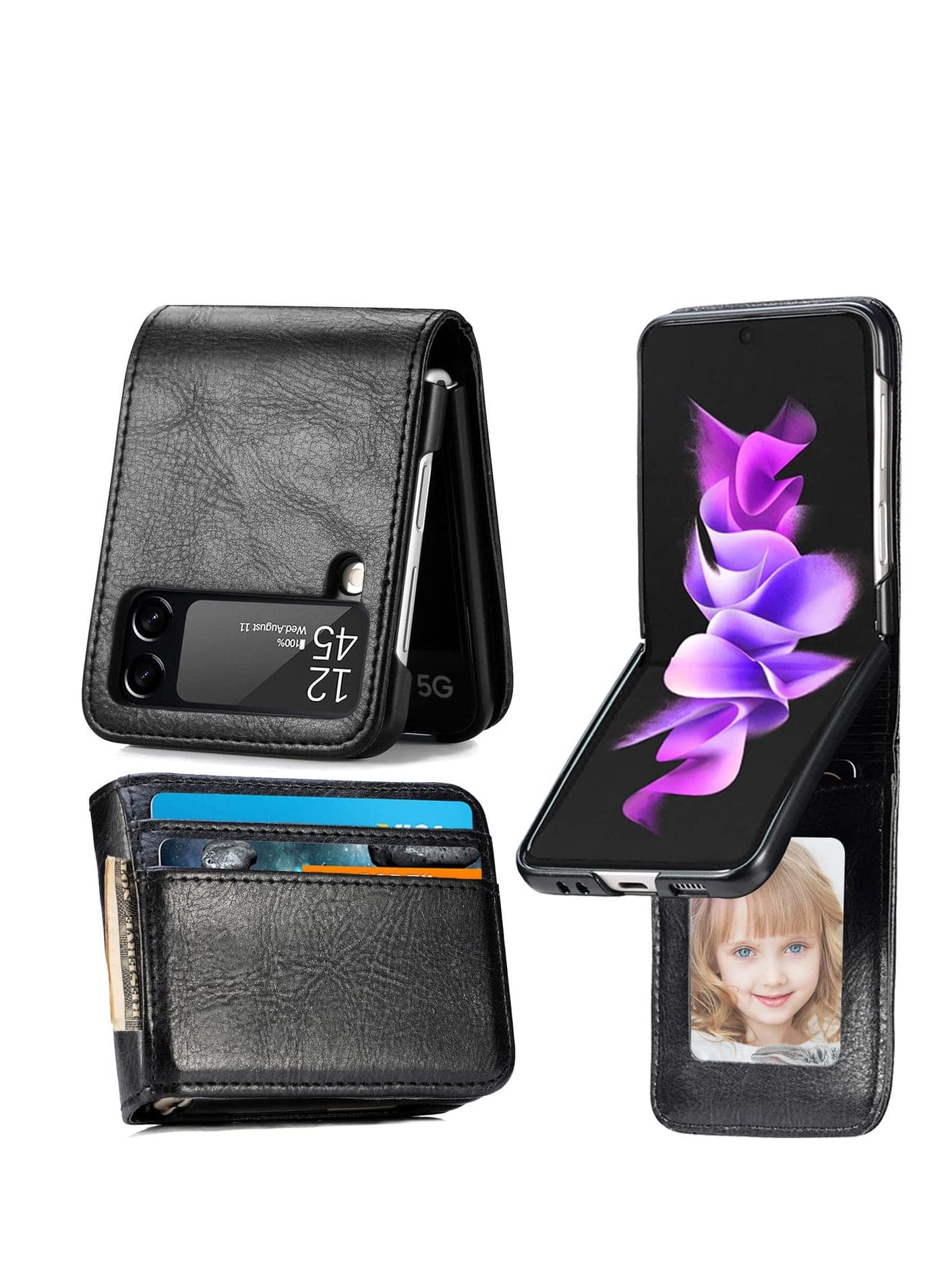 for Samsung Galaxy Z Flip 3 Case Wallet Case with Card Holder, Slim Fit Premium PU Leather + Hard PC Protective Flip Phone Cover for Samsung Galaxy Z Flip 3 5G 2021 (Black)