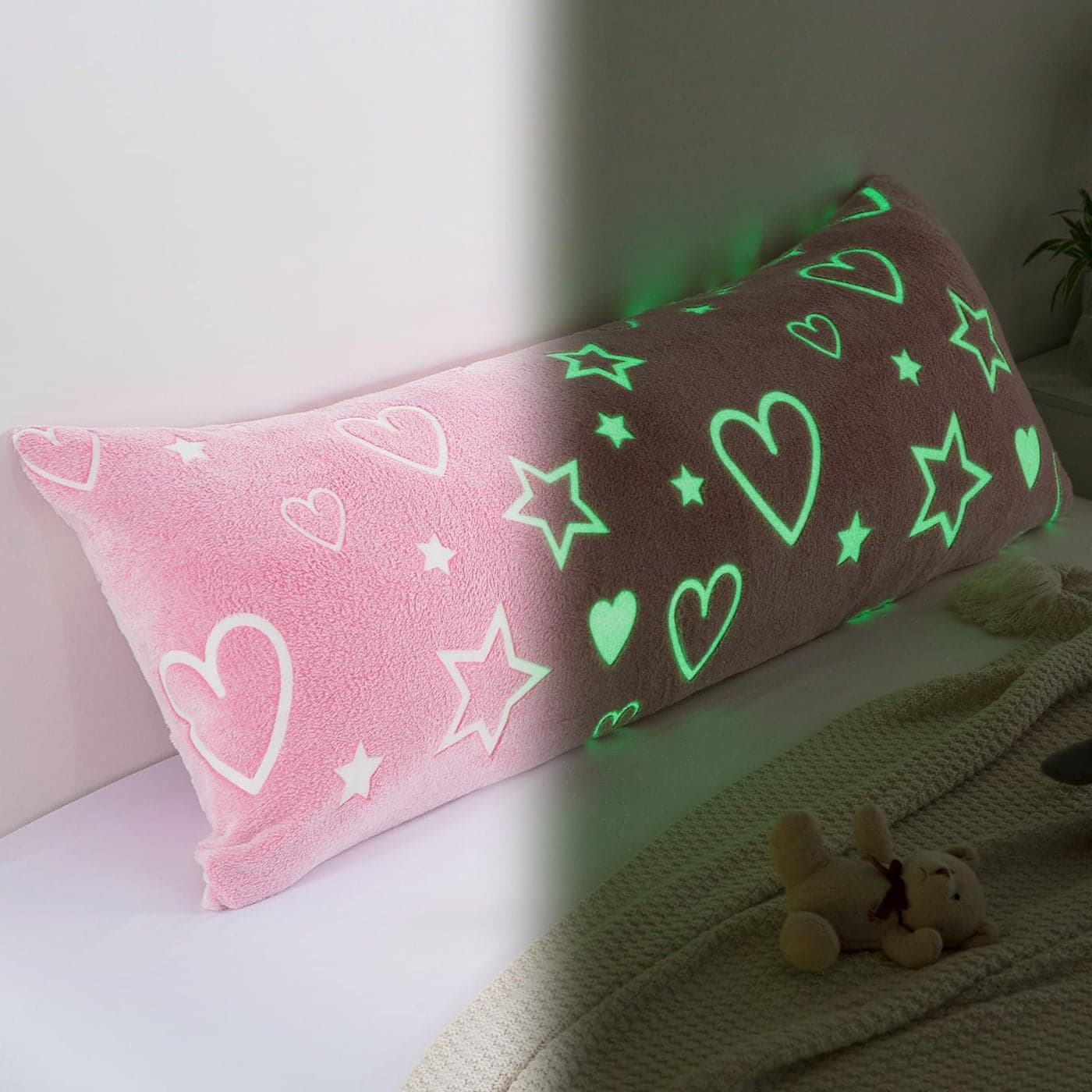 HOMBYS Glow in The Dark Body Pillow Cover 21x54 InchesSoft Velvet Fluffy Bed Pillow Case Fuzzy Soft Long Pillowcase for Kids Childern Women Plush Decorative Throw Pillow CoverPink