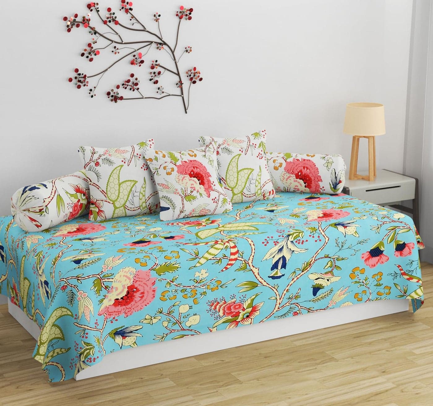 SHOMES Pure Soft Cotton Printed Diwan Set Covers 6 Pieces - 1 Single Bed Sheet (60 X 90) with 3 Cushion (16 X 16), 2 Bolster Covers (16 X 32) - Aqua Floral