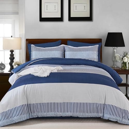 Navy Blue Comforter Set Queen Size,Boho Striped Comforters for Boys&Girls,7 Pieces Bed in A Bag Simple Neutral-Style Bedding Sets for Kids Teen