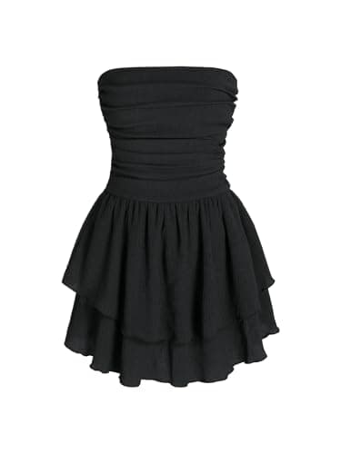 CIDER Women's Summer Cocktail Dress - Tube Ruched Ruffle Mini Dress: Black, S