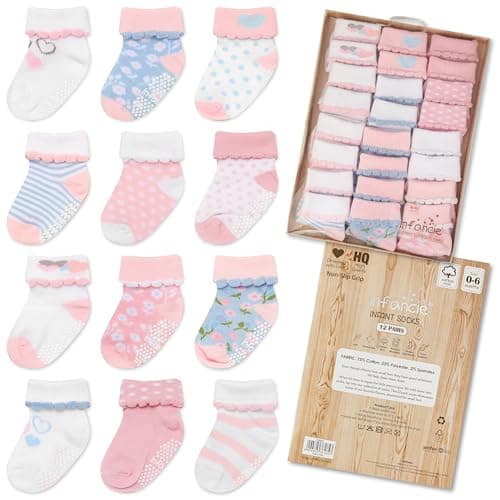 Baby Socks 12 Pairs - Non-Slip Infant Grip for Newborns & Toddlers 0-6 Months, Boys & Girls, Safe for Walking