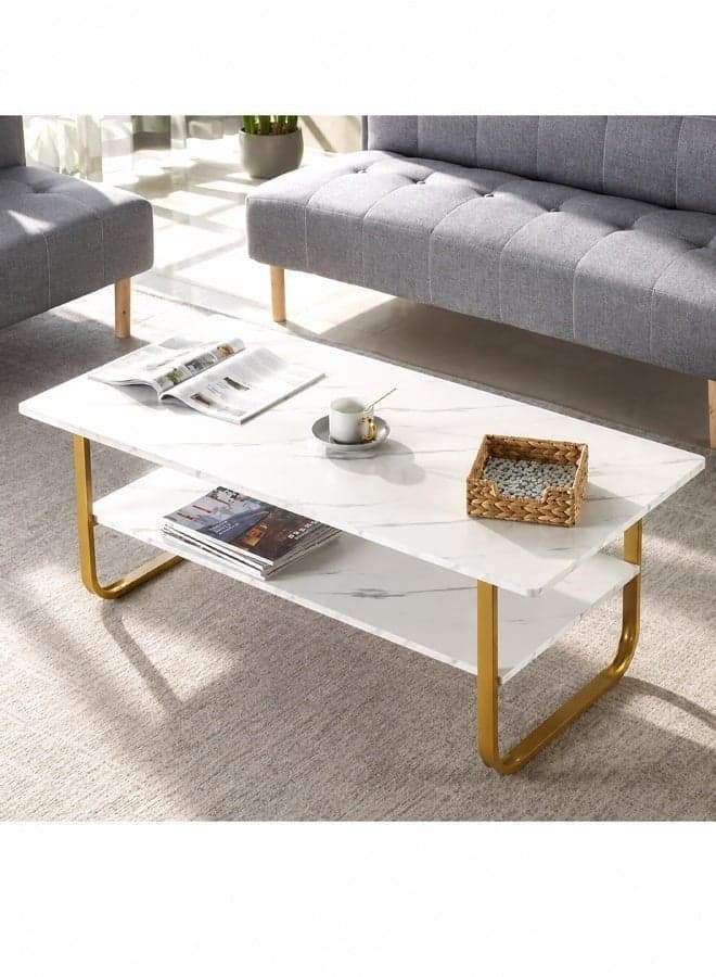 Modern Marble Coffee Table with Gold Stainless Steel Frame & Lower Shelf – 120x60x42cm Luxury Living Room Center Table for Home & Office Décor