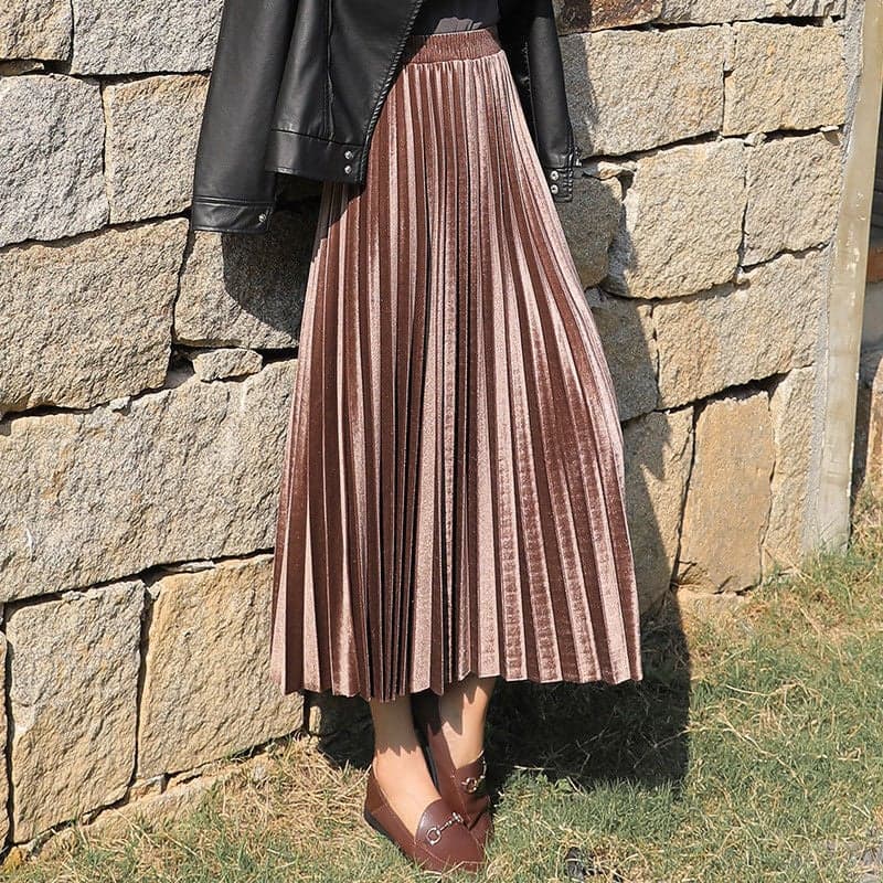 Velvet Pleated Skirt For Female Students 2024 Spring & Fall New Korean Style High Waist Skirt Mid-Length Slim Long Skirt For Women Trendy