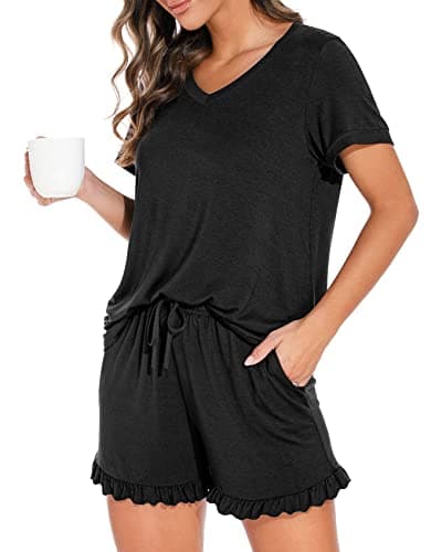 PrinStory Womens Pajamas Set Lounge Sets Short Sleeve Sleepwear Soft Pjs Shorts Set with Pockets Black L
