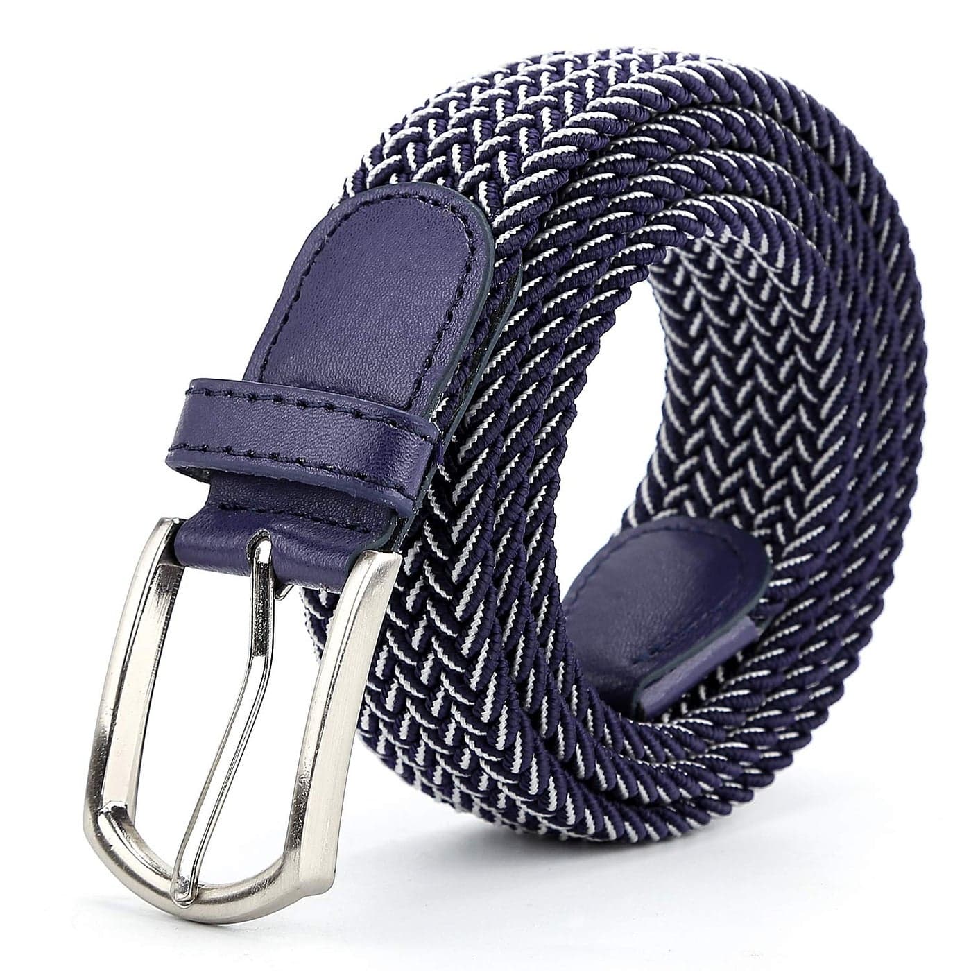 Braided Canvas Woven Elastic Stretch Belts for Men/Women/Junior with Multicolored (Blue-White, Large/36-38” Waist)