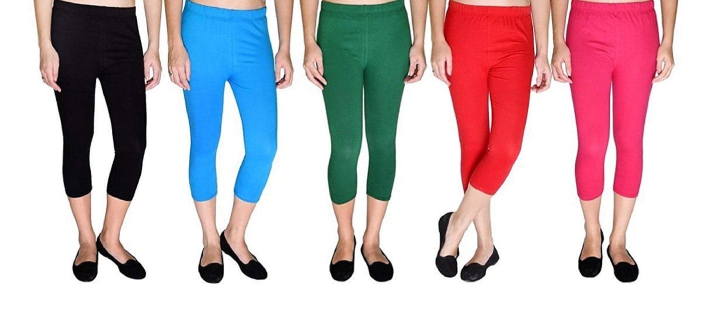 Premium Cotton Strechable Women's Casual/Gym/Sports 3/4th Capri (Free Size) Combo Pack of 5 (BlckFiroziPgreenRedRani)