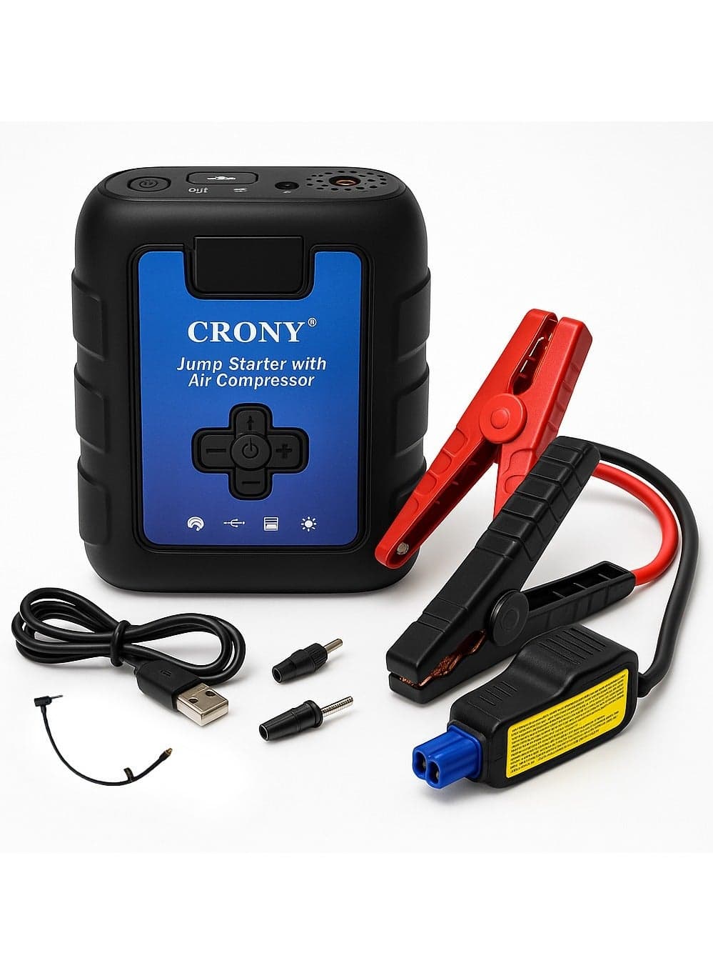 CRONY B03 Jumper Starter & Wireless Inflator Pump – 1600A Peak 12V Car Charger Jump Starter, Mini Portable Power Bank with 68.82Wh Battery, 140PSI Digital Tire Inflator, USB Output, Fast Charging, Low temperature resistance, Compact Emergency Car Starter with Air Compressor