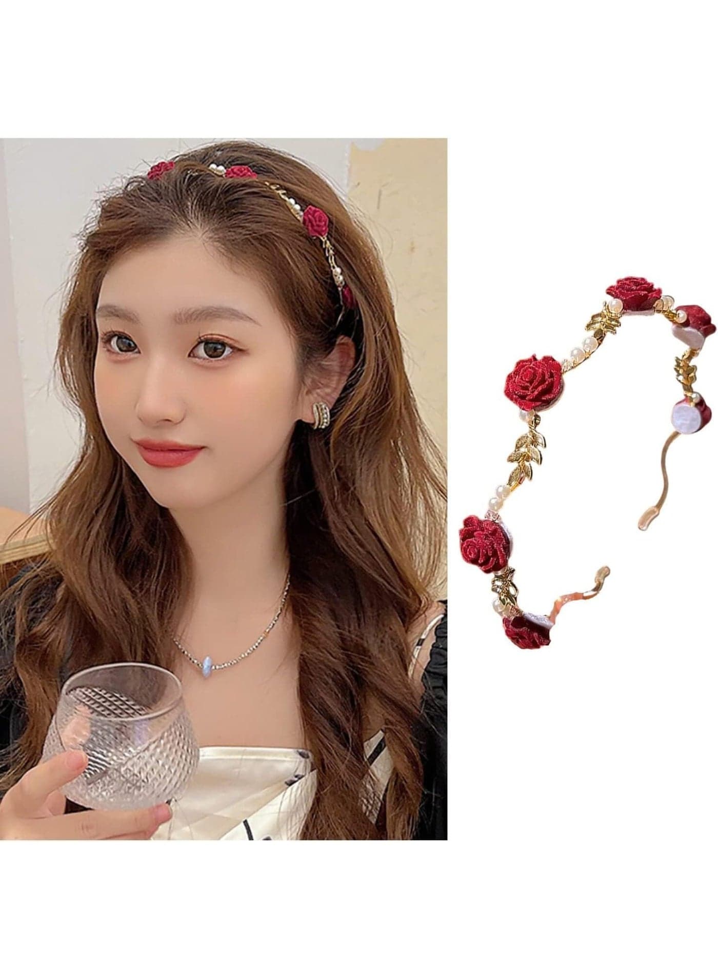 Valentine Headband Hair Clips, Flower Metal Hair Accessories, Exquisite Red Rose Gold Metal Design Elegant Hair Hoop Hairbands Hair Band Hairpin, for Women Girls Scrunchies 1Pcs