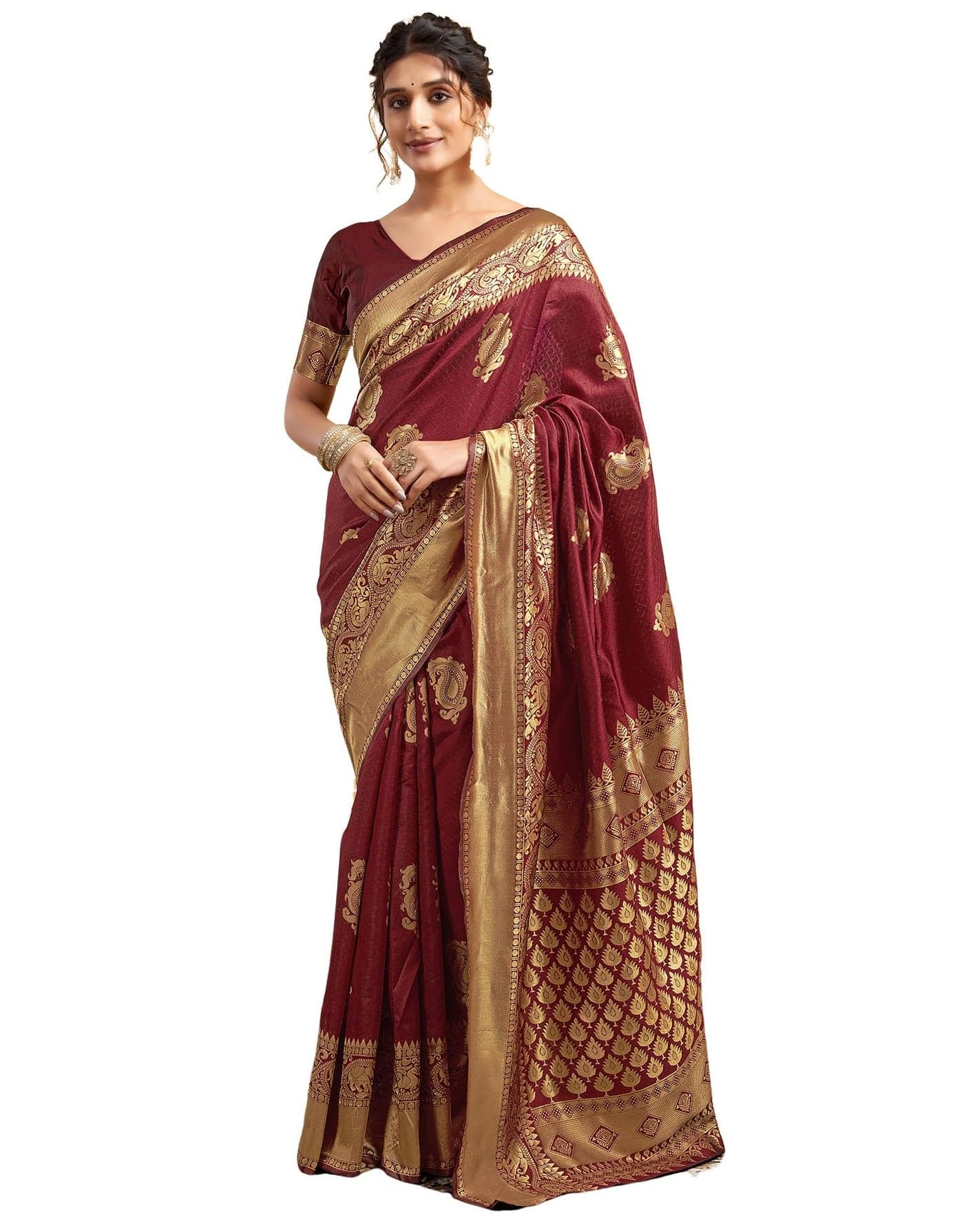 SIRIL Womens Kanjivaram Silk Saree with Zari Woven Saree With Blouse Piece (3956S536_Maroon & Golden)
