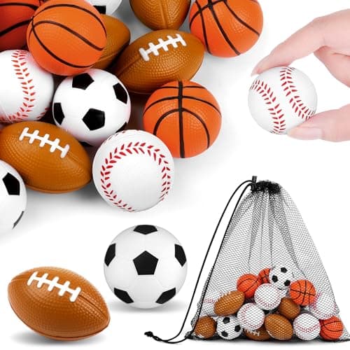 Aodaer 24 Pack Mini Mixed Sports Stress Balls with Drawstring Mesh Bag Fidget Toys for Adults Soft Foam Balls for Sports Party Favor Gifts