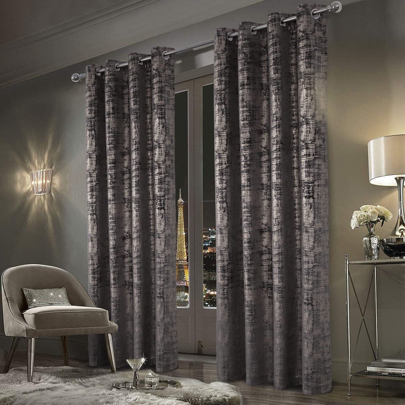 always4u Soft Velvet Curtains 84 Inch Length Luxury Bedroom Curtains Gold Foil Print Window Treatments for Living Room Set of 2 Charcoal Grey
