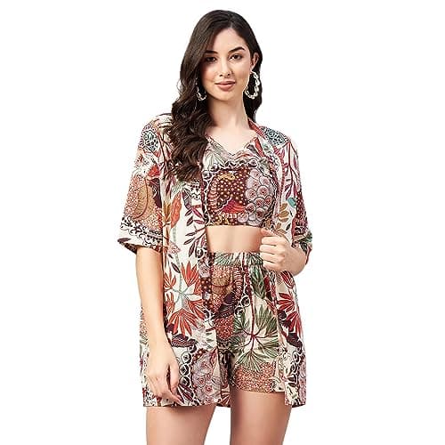 WineRed Cotton Woman Beige 3Pcs Coord Set With Shorts, Floral