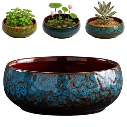 Oncpcare Lotus Bowl Planter Glazed Ceramic Water Plant Pot for Indoor Outdoor Use Shallow Hydroponic Vase for Lotus Seeds Succulents Bonsai Water Lily Arrangement Blue