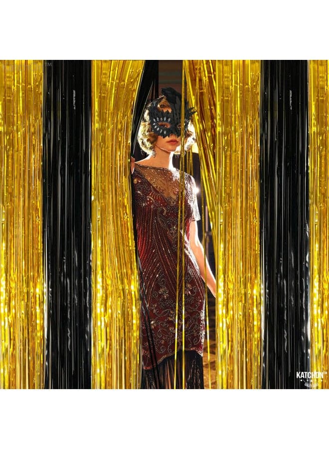 KatchOn, Xtralarge Black and Gold Streamers - 8x3.2 Feet, Pack of 2 | Black and Gold Fringe Curtain for Black and Gold Party Decorations | Black and Gold Backdrop, Graduation Decorations 2024