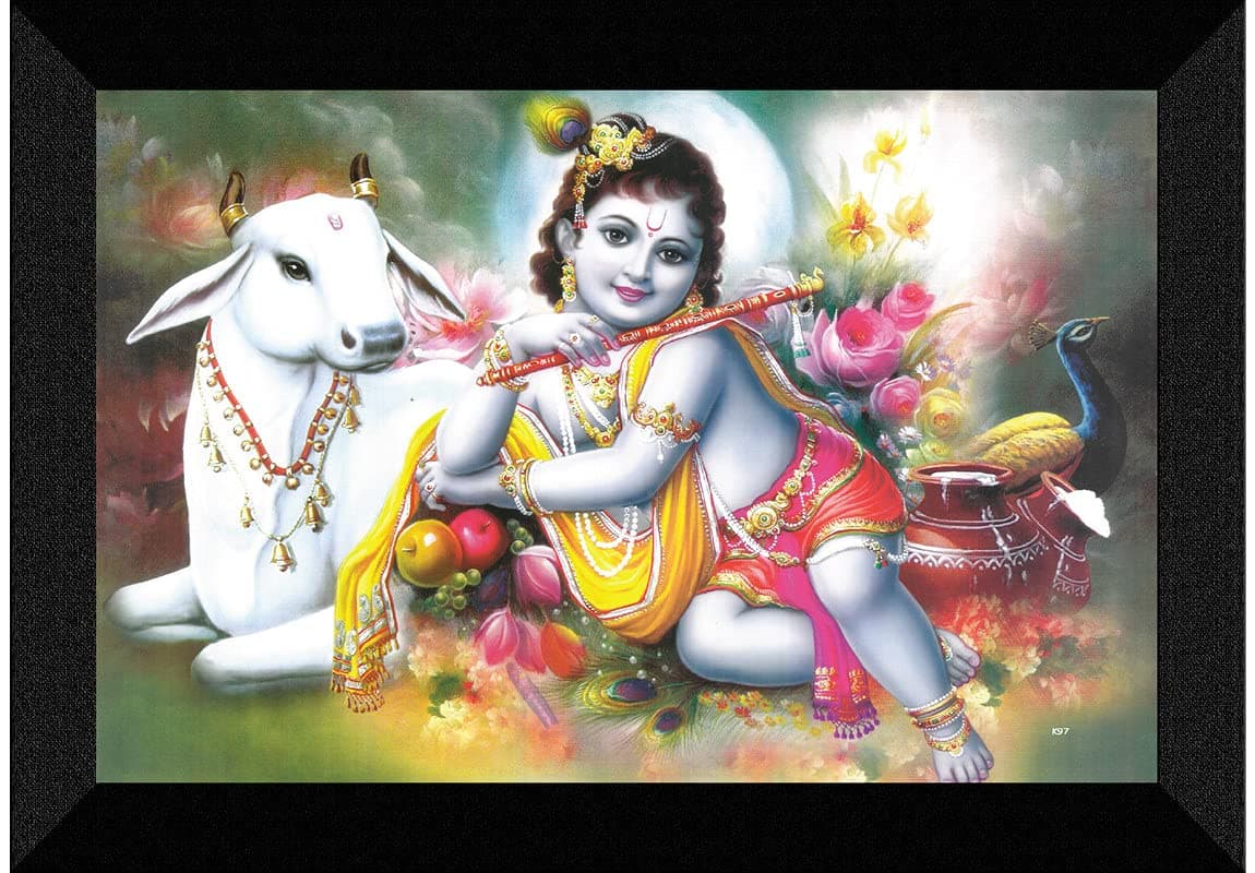 SAF paintings Kanha Ji with bansuri and cow UV Textured Synthetic Frame Painting SAFK97