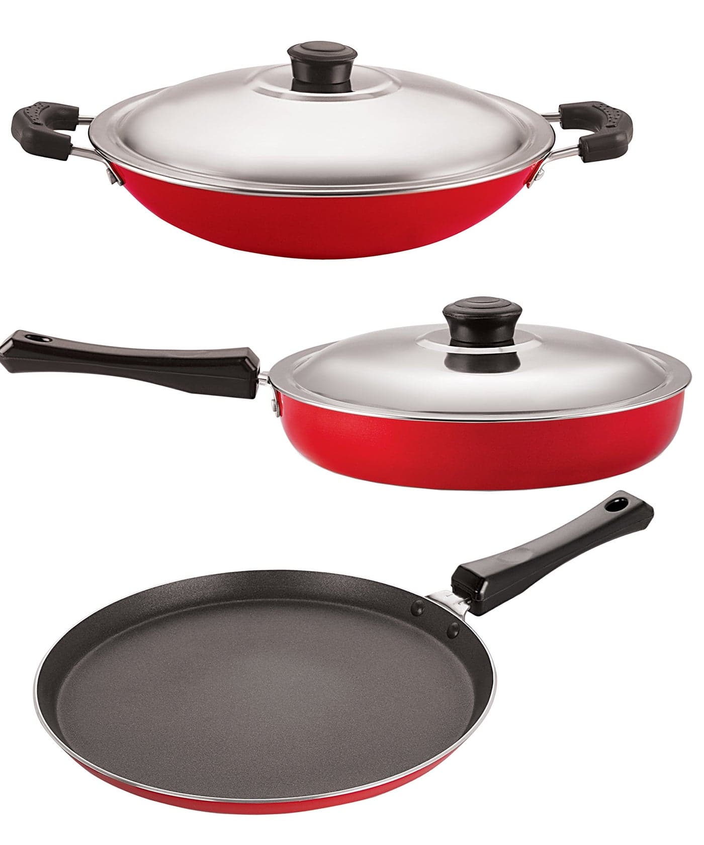 Nirlon Non-Stick Coating Fry Pan, Appachatti with Lid and Flat Tawa Combo Set
