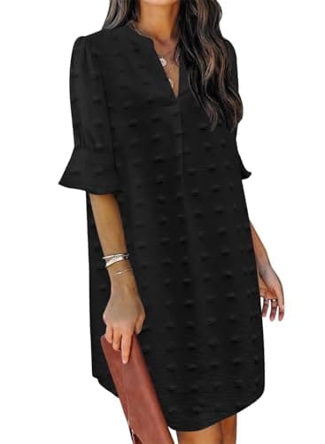 QACOHU Womens Spring Summer Short Sleeve V Neck Mini Dress Chiffon Swiss Dot Flowy Short Dress Black L