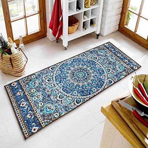 ishro home Nylon 3D Printed Bedside Runner Carpet Anti Skid for Home/Kitchen/Kitchen/Living Area/Office Entrance. (Geometrical Blue, 22 X 55)